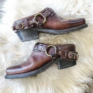 Frye belted harness brown leather mule